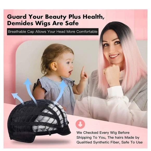 Demides Synthetic Hair Pink Wigs None Bangs 14 Inch Straight Ombre - Picture 5 of 5